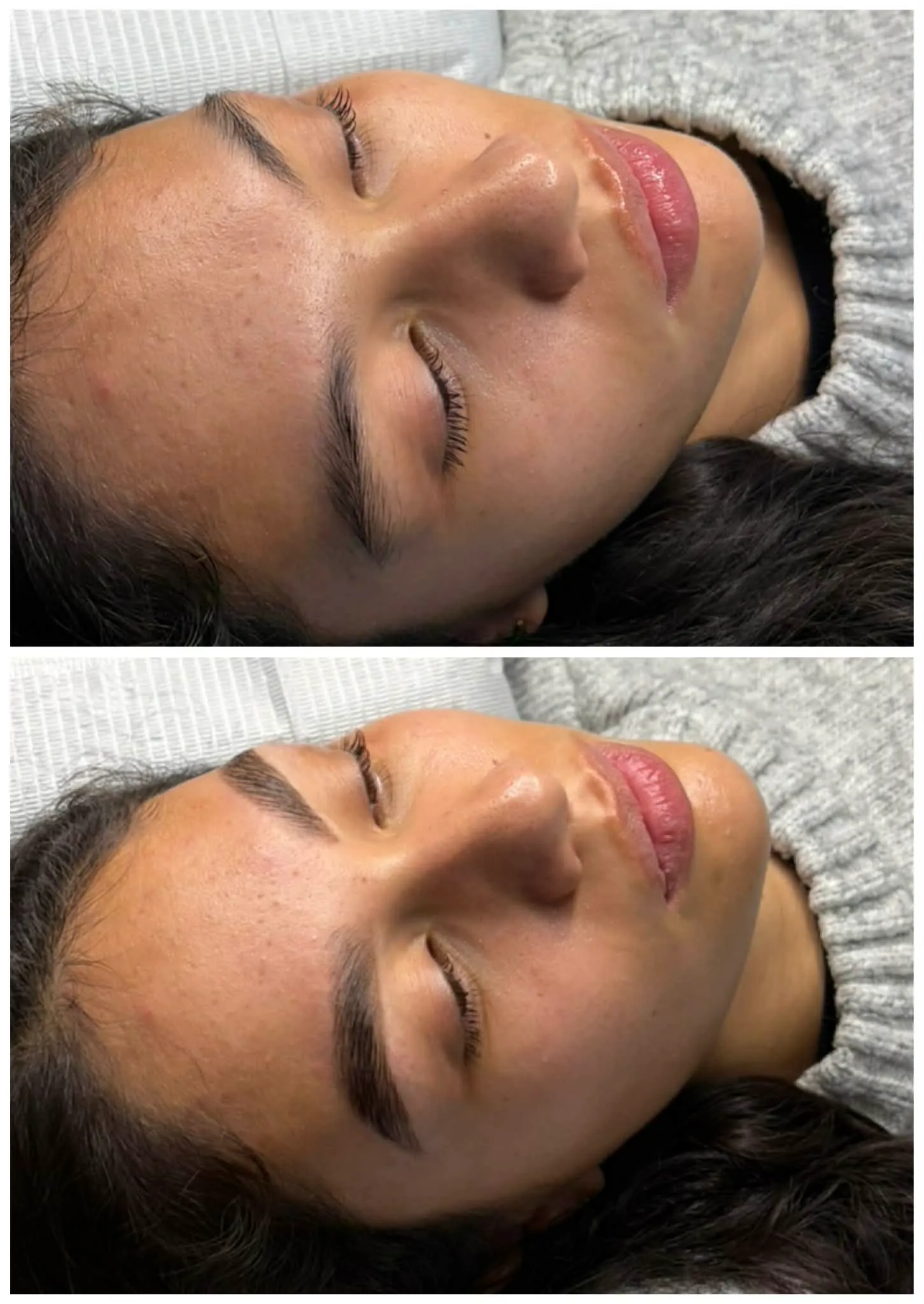 Before and after brow lamination and tint, brows brushed up and darkened into a fuller shape