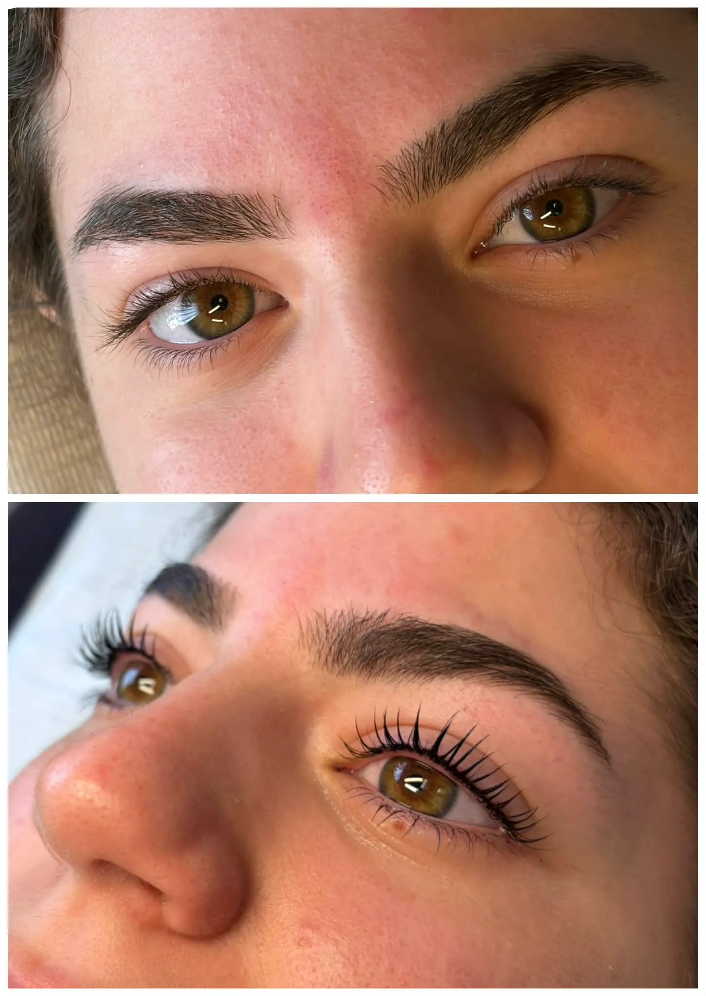 Before and after a Korean lash lift, straight lashes curled open to reveal more of the eye