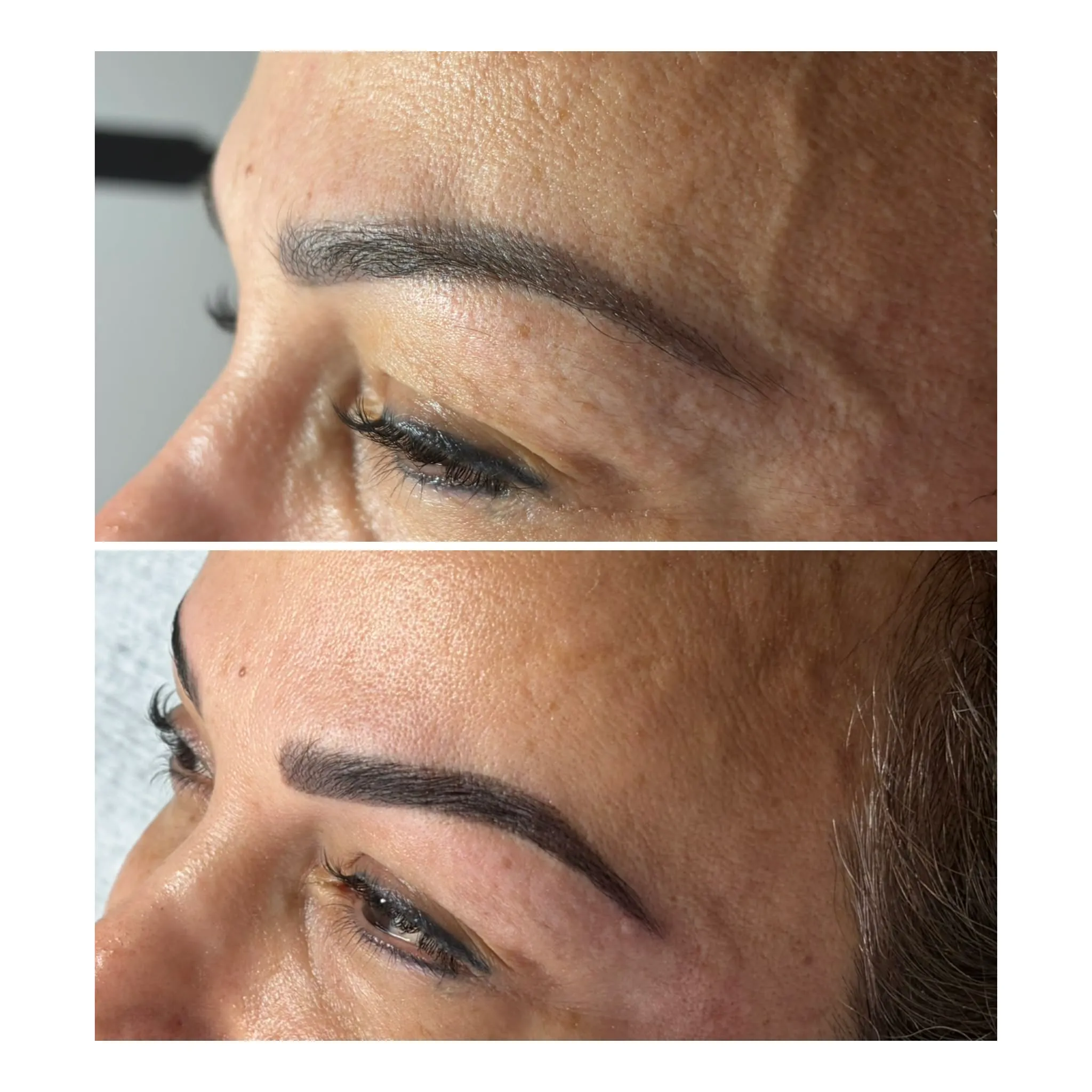 Before and after a full brow treatment — a soft, sparse brow shaped and tinted into a defined arch