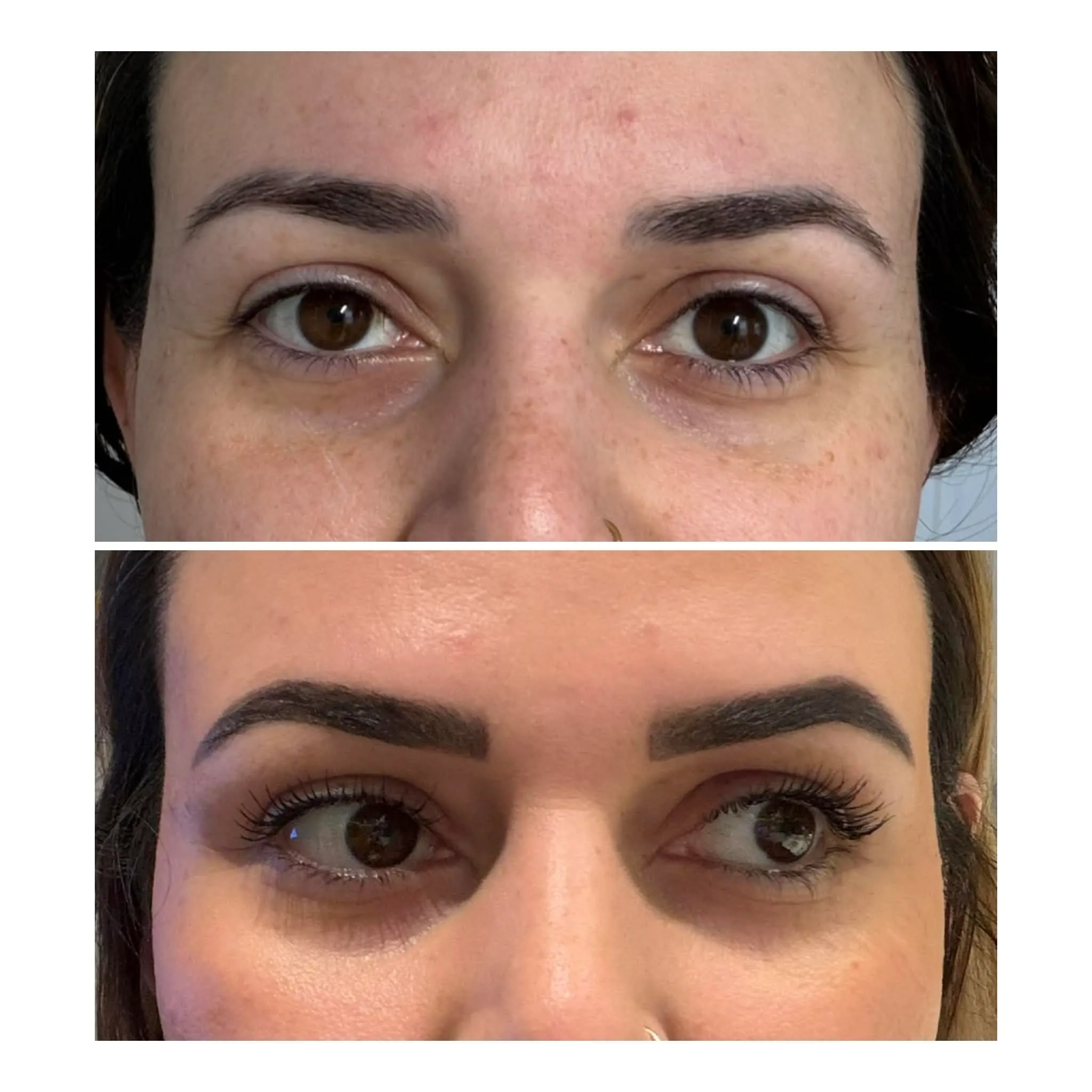 Before and after a full brow treatment, front on — soft brows shaped, tinted and defined into a fuller arch