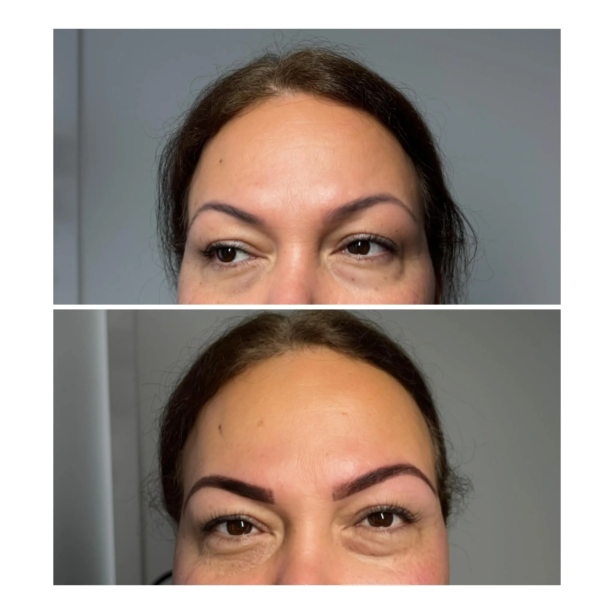Before and after brow lamination and tint, both brows front on — patchy, uneven brows evened into a strong defined arch