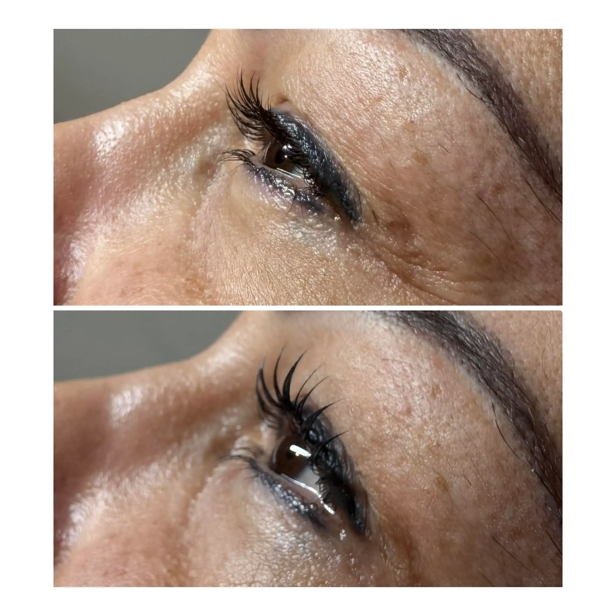 Before and after a Korean lash lift in profile, lashes lifted from the root into an open curl