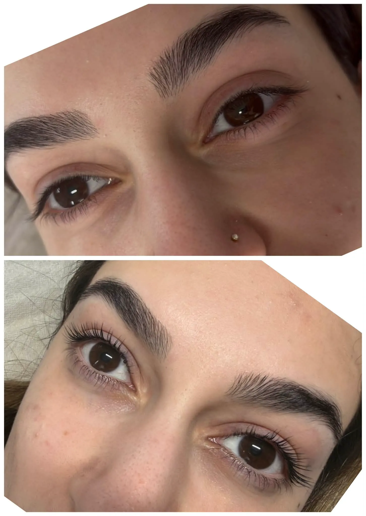 Before and after a Korean lash lift and tint in profile, lashes lifted from the root into an open curl