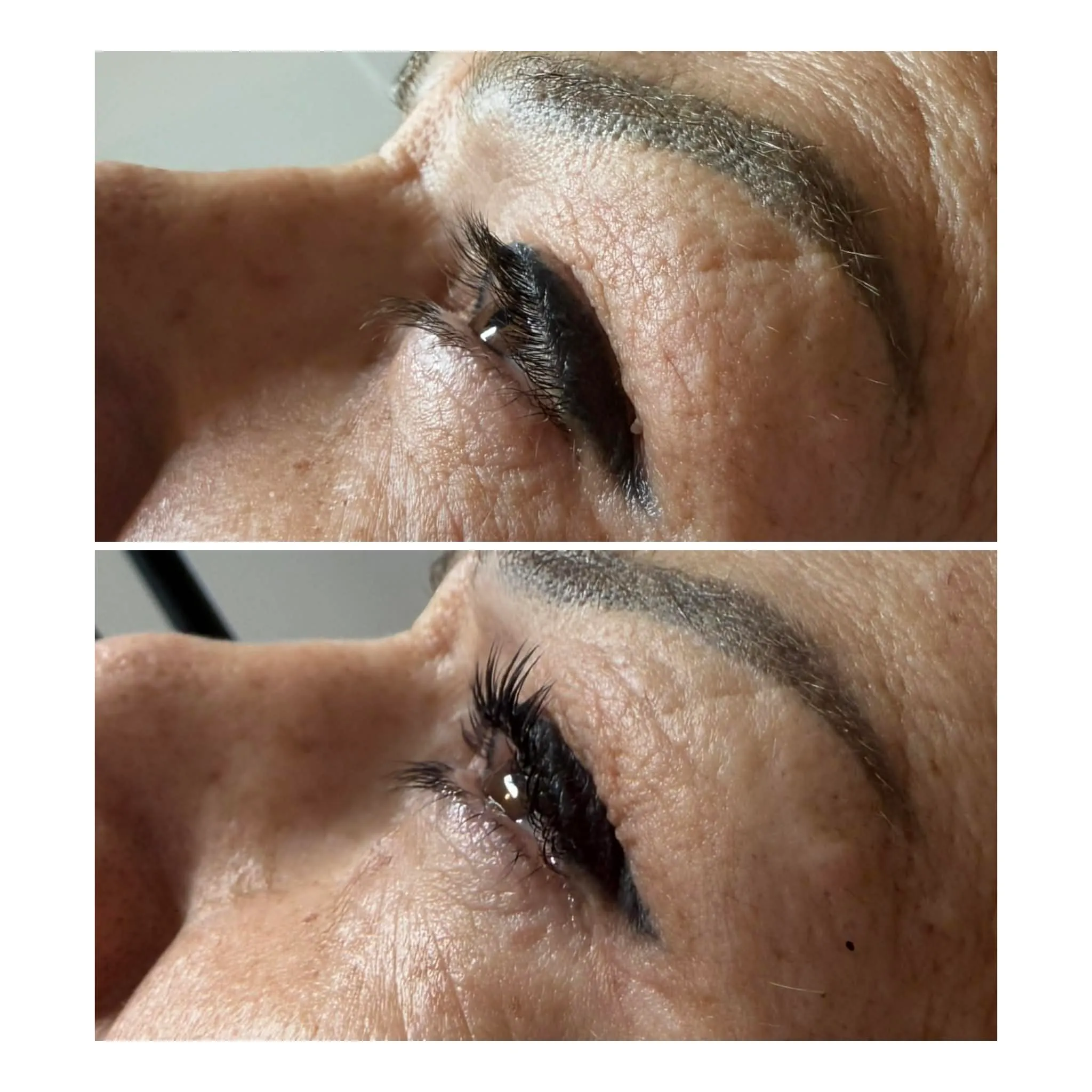 Before and after a Korean lash lift, close profile — lashes lifted and darkened beneath a softly defined brow